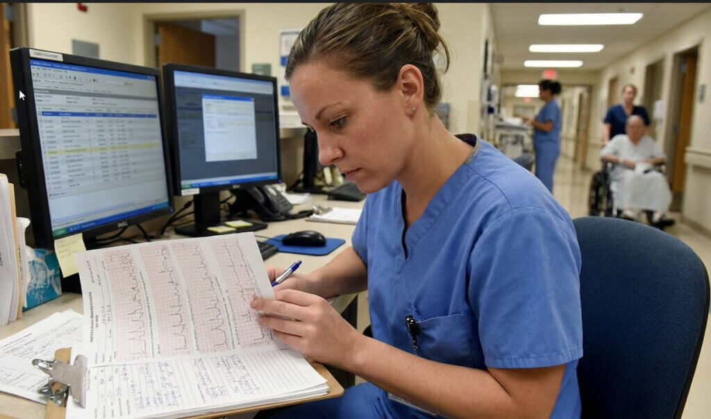 Nurse looking at charts